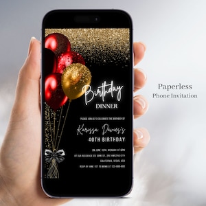 Invito elettronico a cena di compleanno rosso nero per donne, invito digitale, download istantaneo, testo mobile invito compleanno canva Evite, Kar 52
