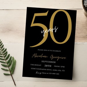 50th Birthday Invitation For Men, Black and Gold, Digital Download, Editable And Printable Invite For Male, Online Invitation For Him,  76