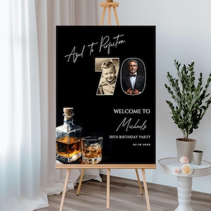 Whiskey Theme 70th Birthday Welcome Sign, Photo Banner (Canva Template) - 143