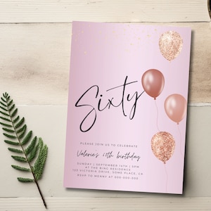 60th Birthday Invitation For Women, Rose Gold Balloon Birthday Dinner Invite For Her, Editable & Printable Birthday Card, Canva Template 148