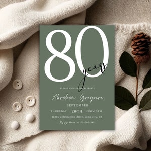80. Geburtstag Einladung, Salbei Grün Geburtstag Einladungskarte, Erwachsene Geburtstag Einladungskarte, druckbare 80. Geburtstag Invite, Abra 65