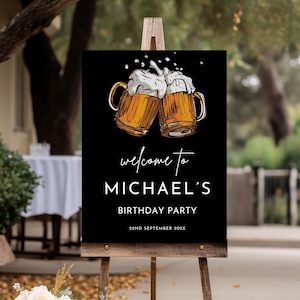 Geburtstag Willkommensschild Vorlage, bearbeitbarer Prost & Bier-Geburtstagsfeierschild für Männer, druckbares Bierpartyplakat für Erwachsenengeburtstag, Canva 01
