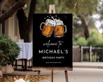 Birthday Welcome Sign Template, Editable Cheers & Beers Birthday Party Sign For Men, Printable Beer Party Poster For Adult Birthday,Canva 01