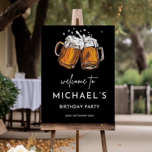 Birthday Welcome Sign Template, Editable Cheers & Beers Birthday Party Sign For Men, Printable Beer Party Poster For Adult Birthday,Canva 01