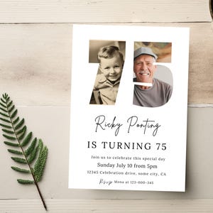 Convite de 75º aniversário com foto, Olha quem tem 70 anos, Modelo de convite de 70º aniversário para homens, Convite de aniversário simples masculino editável, para impressão, 180