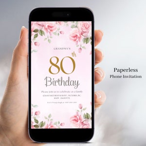 Digitale 80e verjaardag uitnodiging voor feest, roze aquarel bloemen, oma's tachtigste, bewerkbare sjabloon volwassen tekstbericht uitnodigen Canva 138