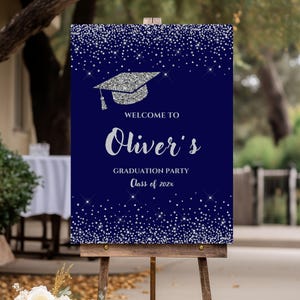 Graduation Sign, Blue & Silver Graduation Party Banner Editable and Printable Welcome Poster, Graduation Party Decoration Canva Template 07