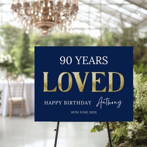Cartello di benvenuto per il 90° compleanno per uomo, banner digitale per festa di 60° 70° 80° compleanno, poster di compleanno per adulti modificabile e stampabile, modello 44