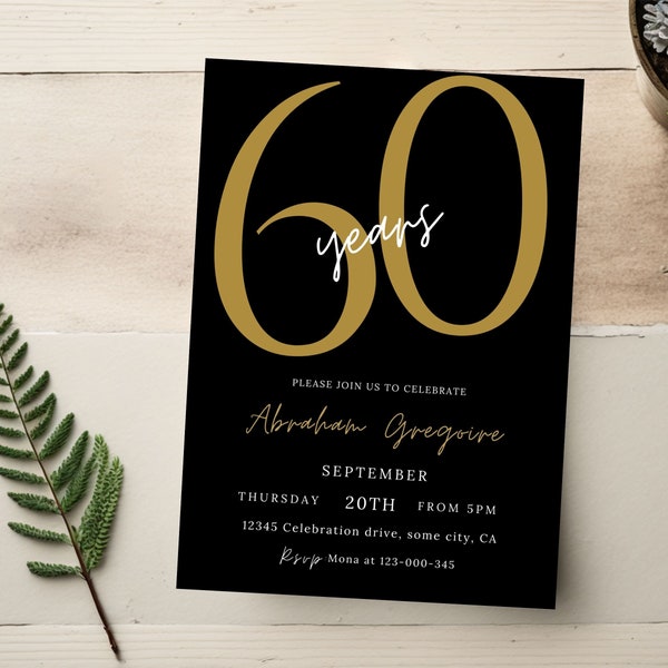 60th Birthday Invitation, Black & Gold Birthday Invitation For Men, Editable birthday Card Template, Printable 60th Birthday Invite him 79