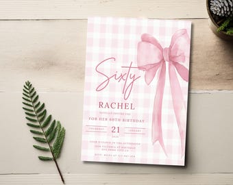 Bow Pink Gingham Birthday Invite, Digital Download, Editable Printable Pink Birthday Invite For Women, Girls Kids Any Age Coquette Party 185