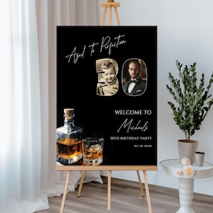 Aged To Perfection 30th Birthday Sign With Photo, Whiskey Theme Welcome Birthday Banner Editable Party Decor Canva Template, 138