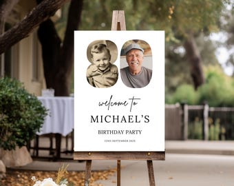 Puede incluir: Un cartel de bienvenida blanco con texto negro que dice "Bienvenido a la fiesta de cumpleaños de Michael 22 de septiembre de 202X". El cartel presenta dos fotos de un hombre a diferentes edades, una de niño y otra de adulto.