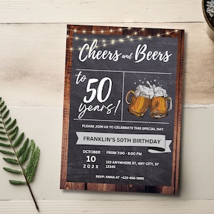 Faire-part 50e anniversaire pour homme, cheers & bières, faire-parts pour adulte, téléchargement numérique, carte imprimable modifiable ou texte, 93