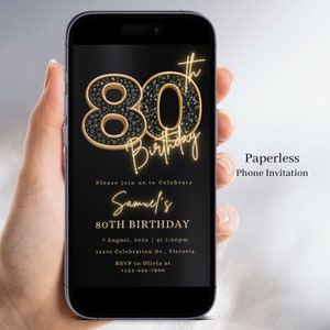 Faire-part 80e anniversaire électronique pour homme, invitation d'anniversaire de grand-père noir et or, invitation d'anniversaire pour homme, invitation par SMS, 125