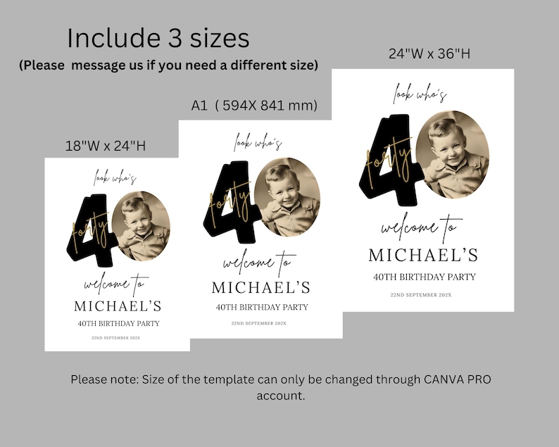 May include: A printable 40th birthday party invitation template with a black and gold design. The invitation features a photo of a person with the text "look who's forty" and "welcome to Michael's 40th birthday party". The invitation is available in three sizes: 18 inches by 24 inches, 24 inches by 36 inches, and A1 (594 mm by 841 mm).