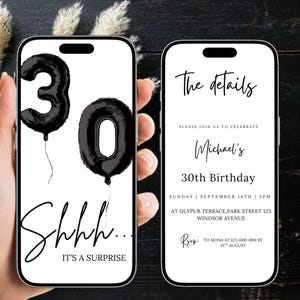 Surprise numérique pour 30e anniversaire, invitation minimaliste en noir et blanc pour lui ou elle, fête d'étape moderne, téléchargement Canva 225