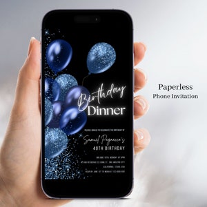 Electronic Black Blue Birthday Dinner Invitation, Digital Balloon Birthday Party Invite, Mobile Text Invite Birthday, Canva Evite Sal 49