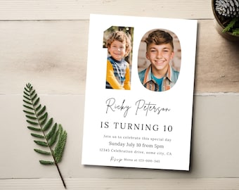 10 Geburtstagseinladung, digitaler Download, Foto 10 Jahre alt einladen, Kinder-Geburtstags-Party Einladungen Vorlage, Printable oder Text, Canva 10
