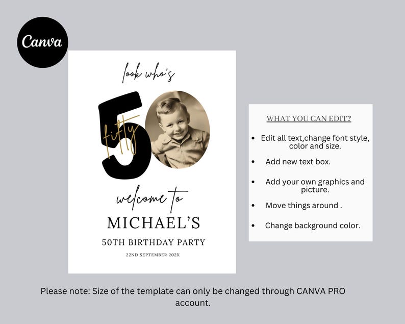 May include: A black and gold 50th birthday party invitation with the text "look who's fifty" and a photo of a young boy. The invitation also includes the text "welcome to Michael's 50th Birthday Party" and the date "22nd September 202X".