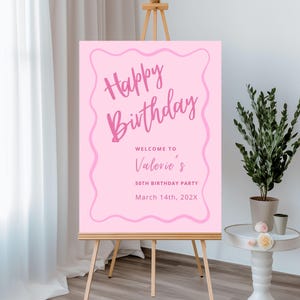Letrero de bienvenida para cumpleaños con borde ondulado rosa, pancarta de cumpleaños número 30, 40, 50, 60 o cualquier edad, decoración, letrero de jardín imprimible, póster editable 60