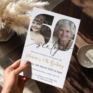 Faire-part 60e anniversaire pour femme ou homme avec photo en téléchargement numérique Modèle de carte imprimable modifiable Invitation 60e anniversaire pour elle/lui 194