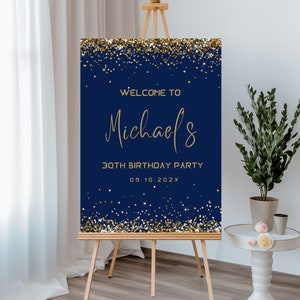 Modello di cartello di benvenuto per compleanno, blu navy e glitter oro 40° 50° 60° 80° o striscione di qualsiasi età, decorazione per feste modificabile per tela per adulti, 35