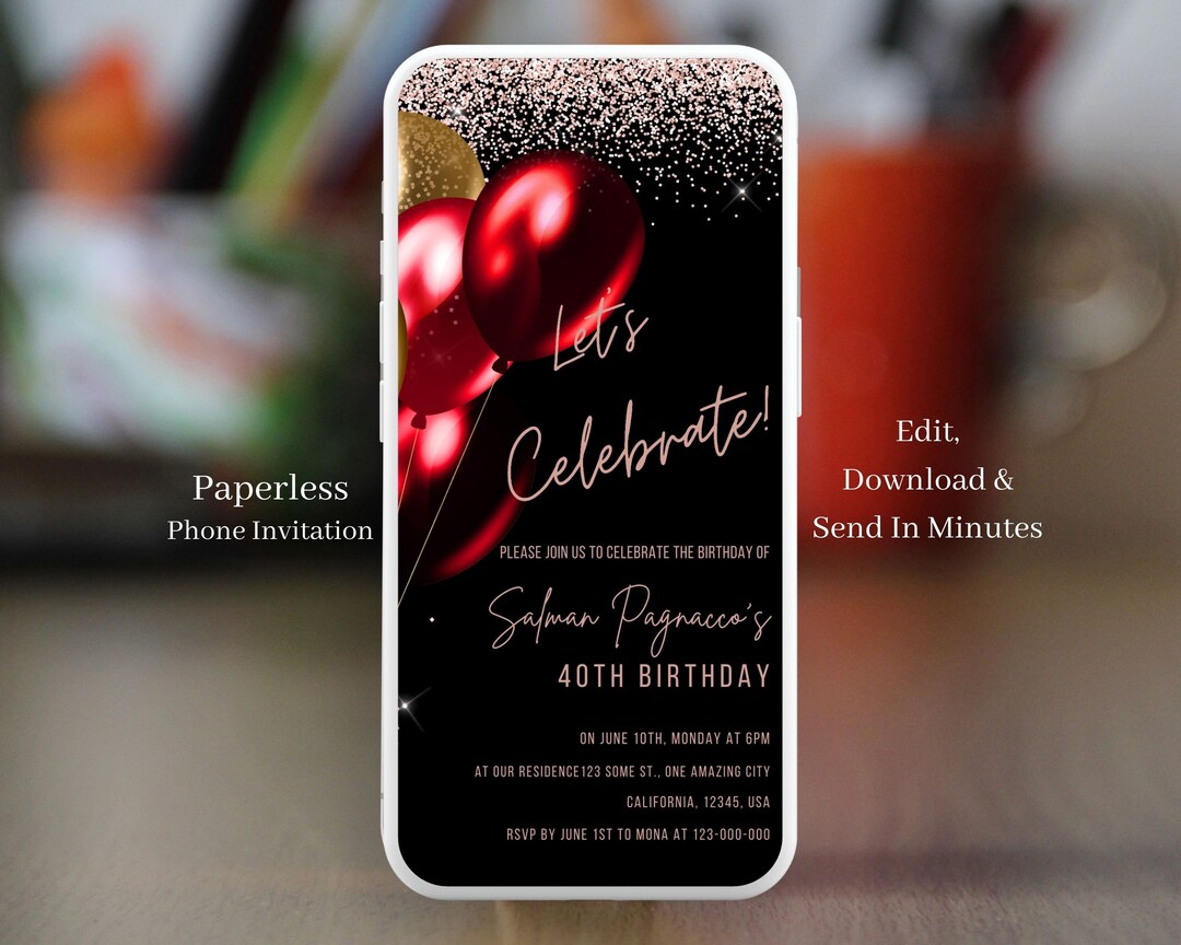 Electronic Birthday Invitation Template for Adult Women, Red Gold ...
