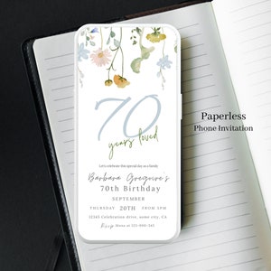 Elektronische 70e verjaardagsuitnodiging voor vrouwen digitaal, bloemen & groen, oma's verjaardag uitnodigingskaart, bewerkbare tekst uitnodigen 118