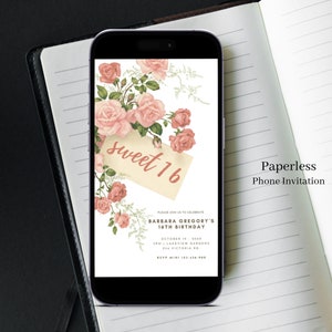 Sweet 16 Geburtstagseinladung Digital, Rosa Blumen, 16. Geburtstag Party Einladung Vorlage, Teenager Mädchen Geburtstag, Text einladen, Canva 22