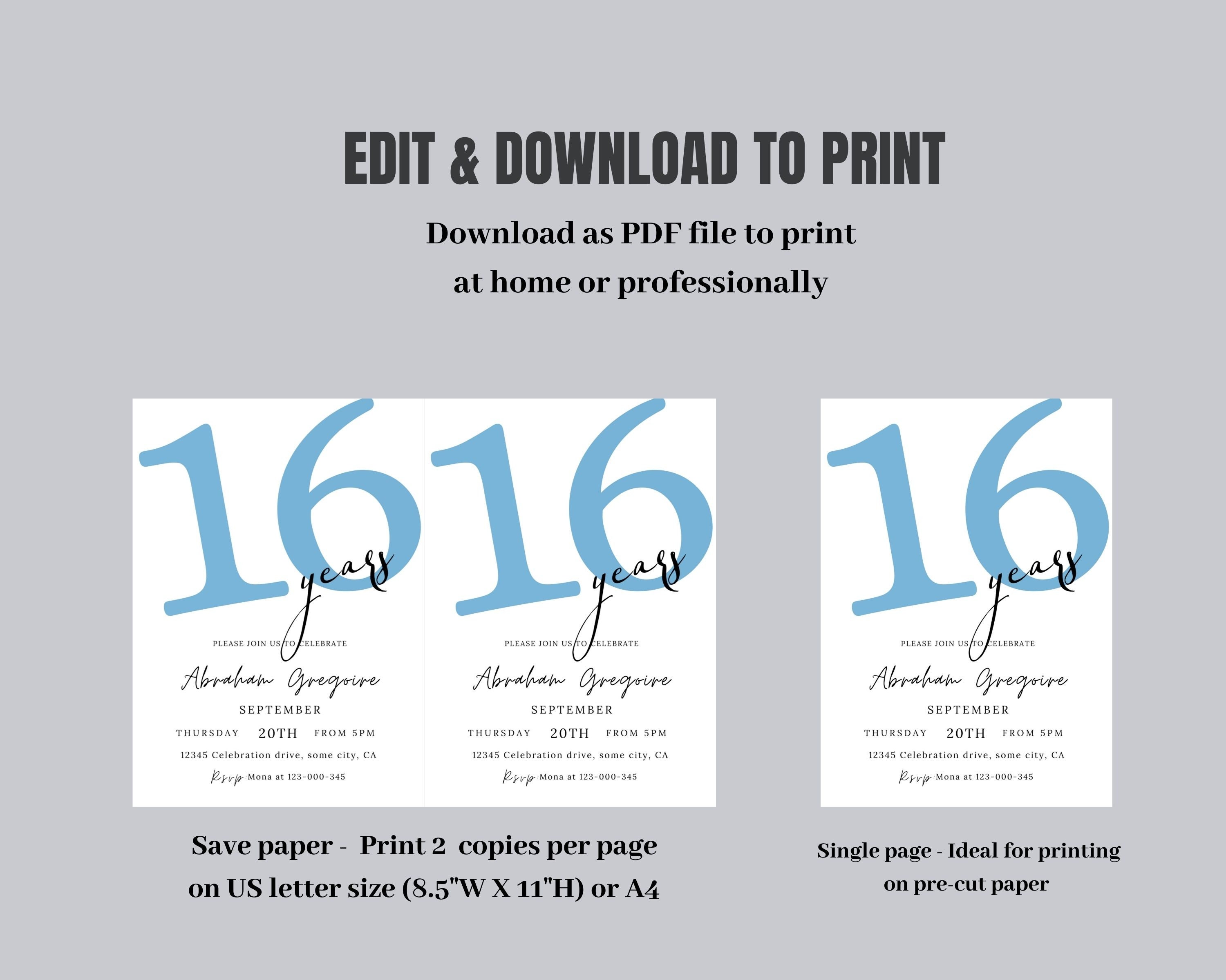 16th Birthday Invitation Boy, Printable 16th Birthday Invite for Him ...