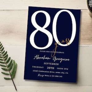 Faire-part 80e anniversaire, modèle d'invitation d'anniversaire bleu marine pour homme, carte d'anniversaire numérique grand-père, invitation imprimable sur toile, Abra 95