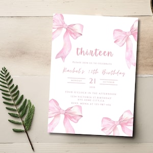 13e verjaardagsuitnodiging meisje, roze strik coquette verjaardagsfeestje uitnodigen, bewerkbare sjabloon, digitale download tieners verjaardagskaart afdrukbare 62