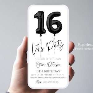 Modèle numérique d'invitation de 16e anniversaire garçon, carte électronique modifiable pour anniversaire de 16 ans, numéro de ballon, fête d'anniversaire d'adolescent, téléphone 76