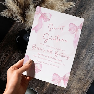 Sweet Sixteen Birthday Invitation Pink Bow, Sweet 16 Invite Editable 16 Year Old Girl Invitations Card Digital Download, Canva Template 72