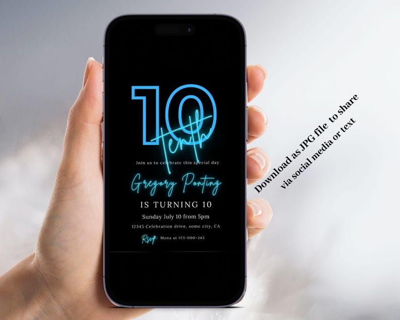Blue Neon 10th Birthday Invitation, Teen Party Template (canva) - 58 - Etsy