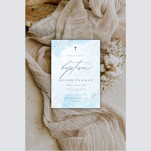 Baptism Invitation Boy Digital Download, Blue Agate Border Printable Christening Invite, Baptism Invitation Ids, Blue Watercolor, Rohan 43