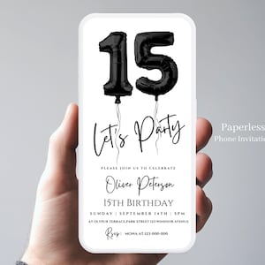 Modèle numérique d'invitation pour 15 ans garçon, carte électronique d'anniversaire modifiable pour l'anniversaire de 15 ans, numéro ballon Let's Party, téléphone 75