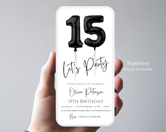 Digitale 15. Geburtstagseinladungsvorlage Junge, bearbeitbarer 15-jähriger Geburtstag Einladende Ballonnummer Let&#39;s Party Birthday E-Karte, Telefon 75