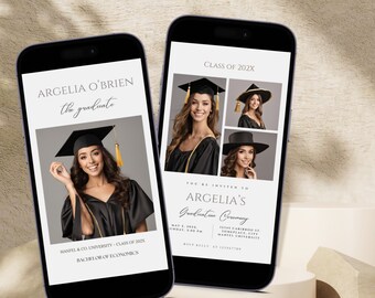 May include: A graduation announcement for Argelia O'Brien, Class of 202X. The announcement features a photo of the graduate in a cap and gown, and the text "You're invited to Argelia's Graduation Ceremony" with the date, time, and location.