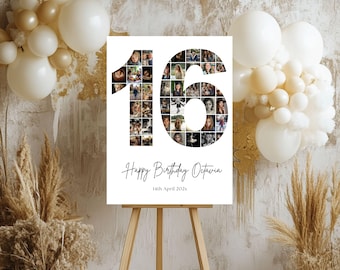 May include: White poster with a photo collage of a 16 shaped with photos. The text "Happy Birthday Octavia" and "14th April 2023" is below the collage.