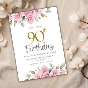 Faire-part 90e anniversaire, invitation d'anniversaire florale imprimable pour femme adulte, carte d'invitation fête 90e anniversaire de grand-mère roses et verts, 63