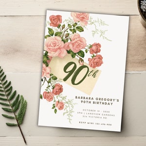90e verjaardagsuitnodiging voor vrouwen digitale, afdrukbare verjaardag uitnodigen, Roses & Greens oma's 90e verjaardag partij uitnodigingskaart, Barb 90