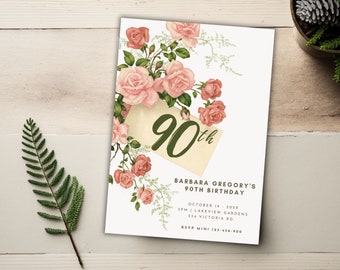 Invitation du 90e anniversaire pour les femmes Digital, Invitation d’anniversaire imprimable, Roses & Greens Carte d’invitation à la fête du 90e anniversaire de grand-mère, Barb 90