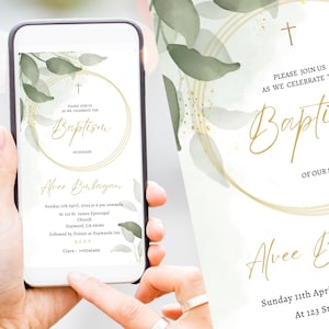 Electronic Baptism Invitation Template Boy Greenery leaves, Digital Baptism Green and Gold, INSTANT DOWNLOAD, Phone invite, DIY, Alvee 003