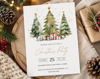 May include: A white rectangular Christmas party invitation card featuring a watercolor illustration of three green pine trees with gold stars and wrapped gift boxes at the base. The text reads: PLEASE JOIN US FOR A Christmas Party DECEMBER 25 5PM-9PM 1234 JASPER AVENUE, YALE TOWN, CA 90876 RSVP TO JOANNA BY DECEMBBER 5, AT +000-000-000.