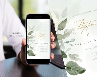 Digital Baptism Invitation Template, Eucalyptus Green & Gold, Instant Download, Editable Template,Phone Text message Invite, Canva, Evite 45