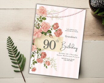 Invitation du 90e anniversaire, modèle d’invitation d’anniversaire de roses roses et de perles pour les femmes, invitation à la fête d’anniversaire de grand-mère, modèle Canva, 90