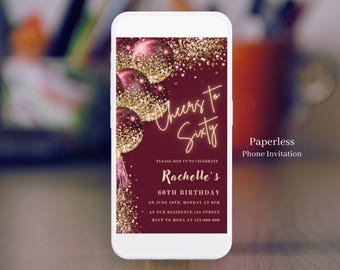 Burgundy Gold 60th Birthday Invitation, Editable Canva Template (Digital Download) - 182