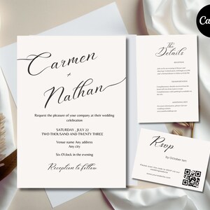 Minimal Wedding Invites With QR Code, Minimalist Wedding Invite Template Canva, Simple and Modern Beige Invitation Set with Calligraphy 007