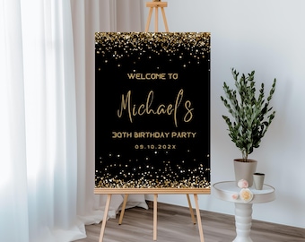 Black and Gold Birthday Welcome Sign, Printable Canva Template - 70
